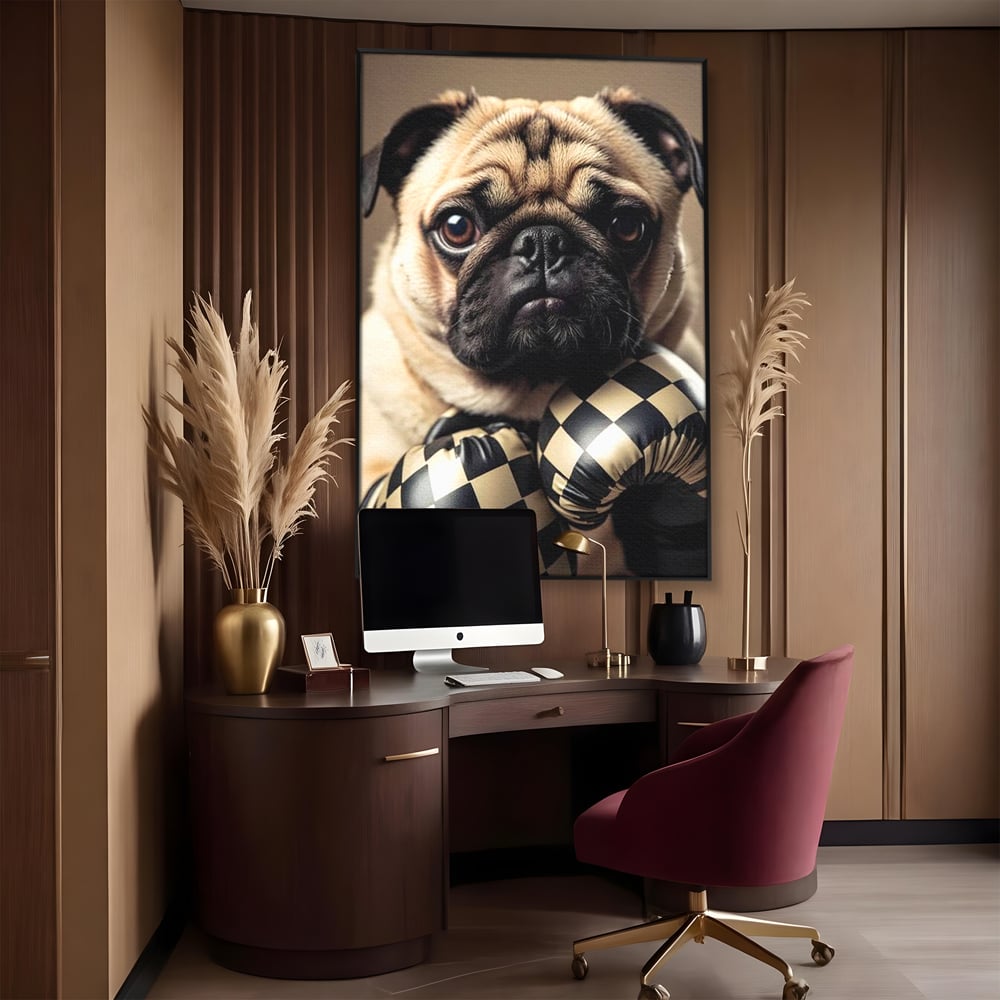 Tablou canvas cu tablou canvas cu pug in manusi de box, in rama de aluminiu negru, pe perete intr-un birou